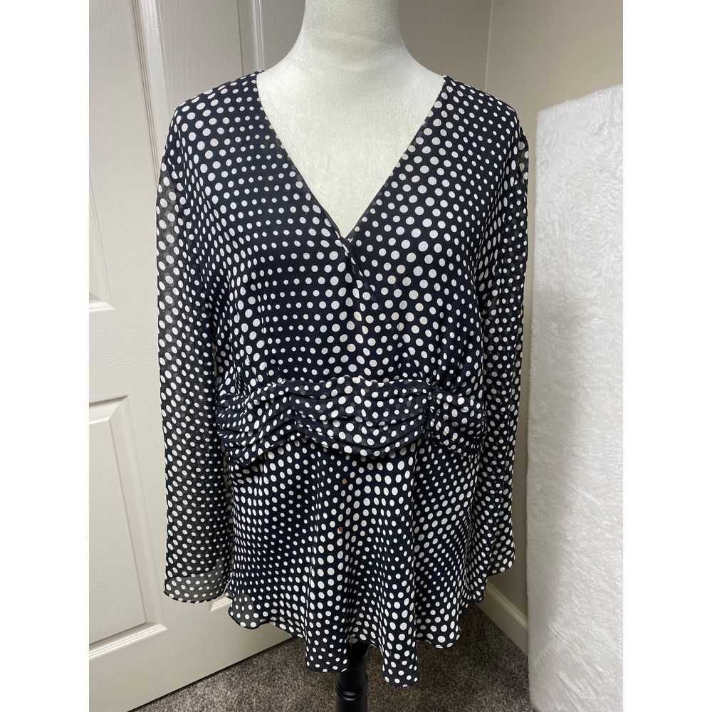 Silk Land Black White‎ Polka Dot Long Sleeve Silk Blouse Career Office Wear  1X
